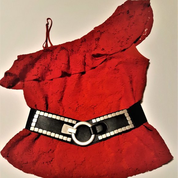 Red One Shoulder Lace Top - Picture 12 of 13